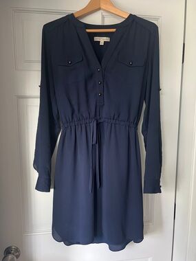 Banana Republic Navy Long-Sleeve Drawstring Shirt Dress